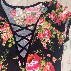 Crossed V Neck Floral Tee